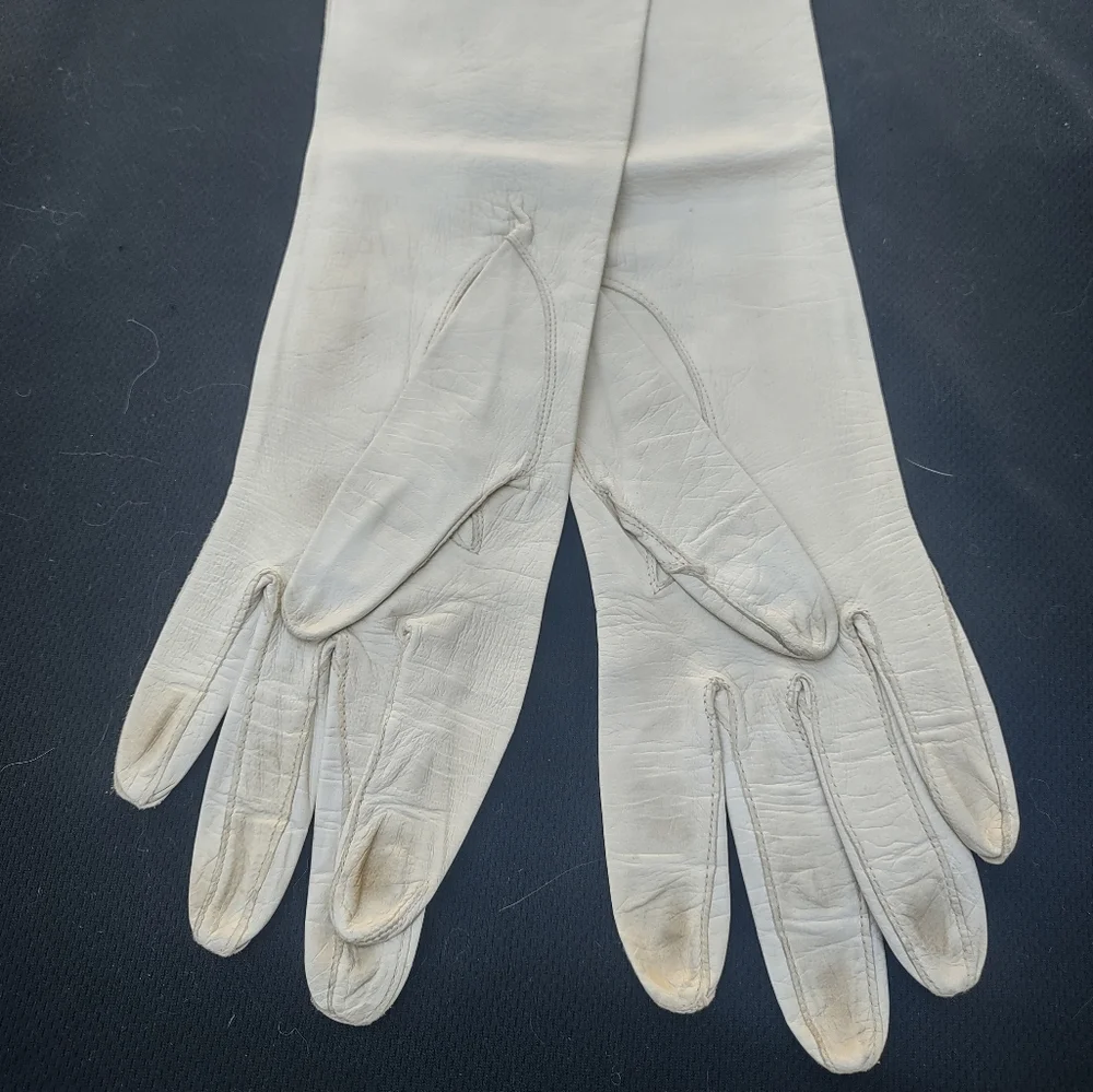Sm Vintage Elegant White Leather Gloves Elbow Length